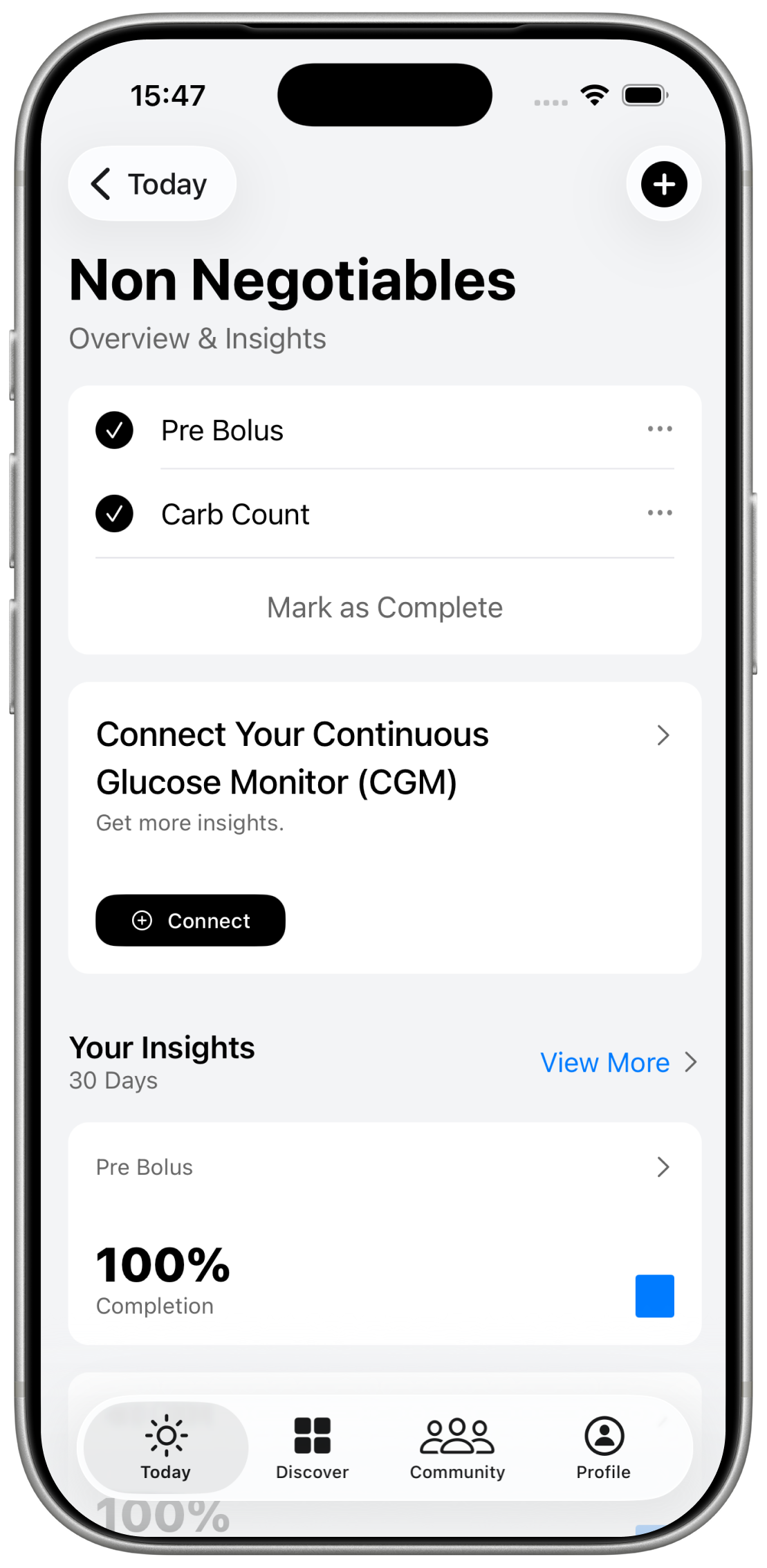iPhone showing the stable app Non Negotiables screen with a checklist of daily habits and a completion overview.