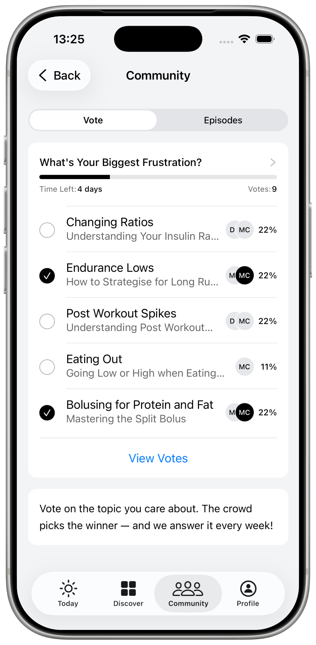 iPhone showing the stable app Community screen with a topic poll, vote options, percentages, and time left to vote.